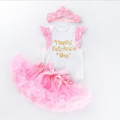 China 3pcs Fashion Baby Birthday Princess Tutu Dress Valentine Baby Clothing Pink Romper Sleeveless Set for sale