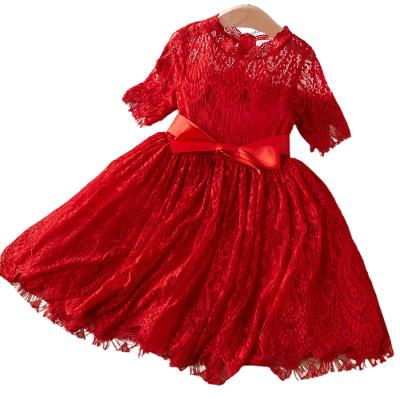 China Anti-wrinkle Girl Middle Sleeve Princess Party Dress Lace Little Girl Red Elegant Bow Pompous Dress for sale