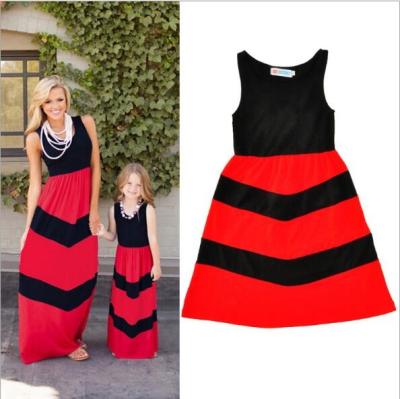 China Wholesale Mommy and Me Maxi Matching Dress Mother And Daughter Black Cotton And Red Striped Patchwork Dress Design for sale