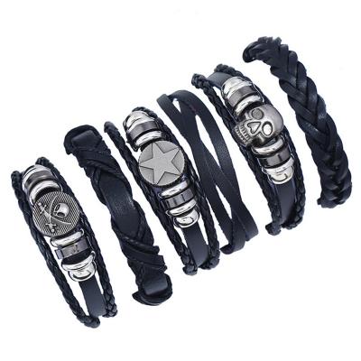 China Diy Vintage Cowhide Costume Punk Braided Bracelet Jewelry Leather Bangle Six-piece Set Rope Wrap Bracelets And Bangles Male Gift for sale