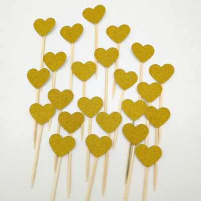 China 6PCS/Set Paper Glitter Heart Stick Glitter/Bamboo Cake Decorating Banner Cupcake Insert Topper Card for sale