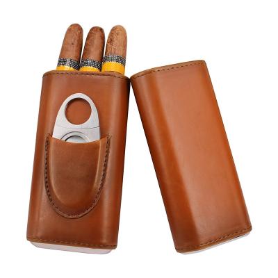 China Custom Portable Leather Travel Cigar Case / Cigar Case Cigar Holder With Cigar Cutter High Quality 3 - Finger Brown Leather Cigar Case Bulk for sale