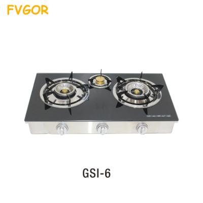 China Black Ceramic Hotel Table Gas Stove 3 Burner Gas Cooker Glass Free Spare Parts/Gas Cooktops 7mm Tempered Glass Copper Glass Cap for sale