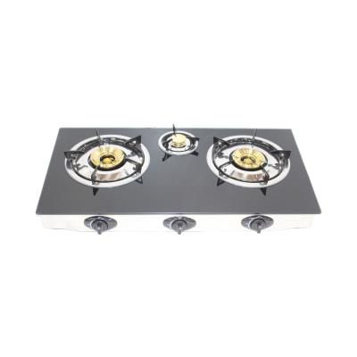 China Commercial High Quality Popular Glass Panel Cast Iron Tabletop Double Burner 3 Burner Stove for sale