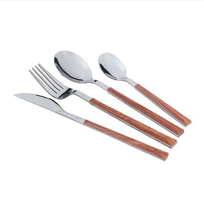 China Wholesale Eco-Friendly Spoon Fork Knife Stainless Steel Flatware Handle Tableware Set Stocked High Quality Wood for sale