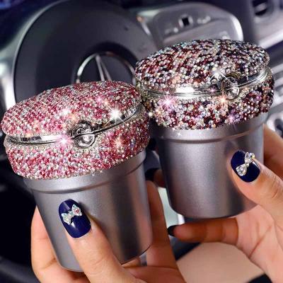 China ABS+Rhinestone Crystal Smoke Can Ashtray For Fashionable Car Interior Decoration Accessories Cup Holder Use With Diamond Rhinestone for sale