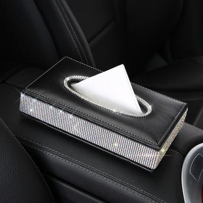 China PU Leather + Rhinestone Car Tissue Box Storage Towel Sets Box Auto Holder Rhinestone Bathroom Room PU Leather Tissue Box With Cover luxurious for sale