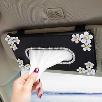 China PU Leather + Diamond 1 Pcs Car Crystal Paper Box With Chrysanthemum Crystal Tissue Box Case Interior Decoration Accessories For Sun Visor Type for sale