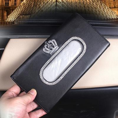 China PU Leather + Rhinestone Car Tissue Box Briefcase Sets Car Sun Visor Tissue Box Holder PU Tissue Box Lid Case Vehicle Leather Style Interior Accessories for sale