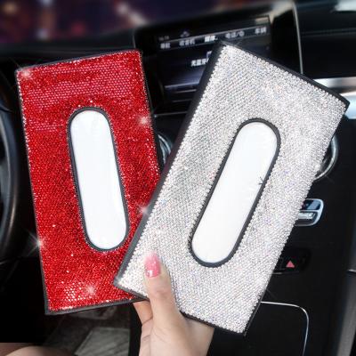 China PU Upholster Leather + Rhinestone Crystal Car Tissue Box Towel Sets Car Sun Visor Tissue Box Holder Storage Decoration Rhinestone Car Auto Accessories for sale