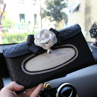 China PU Leather+Rhinestone White Flower Car Tissue Box Towel Sets Auto Interior Sun Visor Tissue Box Holder Storage Decoration Car Accessories for sale