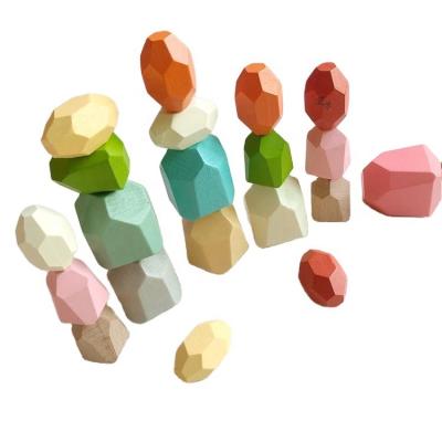 China Education toy; Making DIY Waldorf Wooden Colorful Stone Stacking Game Children Toddler Wooden Building Block Toys Set Wooden Balance Light Natural Rock for sale