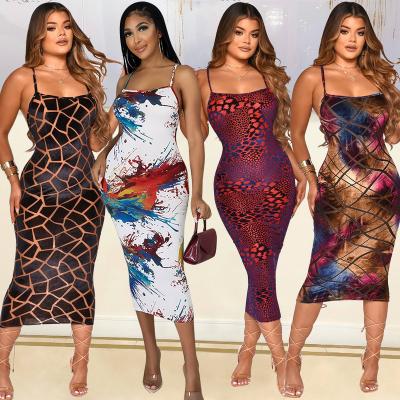 China Sharee Clothing Wholesale Cheap Spaghetti Breathable Slip Party Club Dress Sexy Backless Bodycon Printed Midi Dress for sale