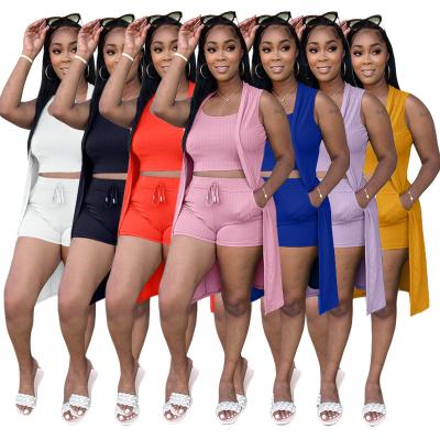 China Sharee 2022 New Arrivals Summer Outfits QUICK DRY Polyester Sleeveless Tank Top Shorts Solid Knitting 3 Piece Set Women for sale