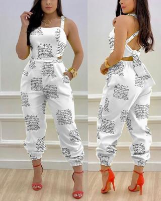 China 2022 Fashion Women's Breathable Clothing Letter Printing One-Piece Overalls Dropshipping High Waist Sleeveless Backless Long Pants Rompers for sale