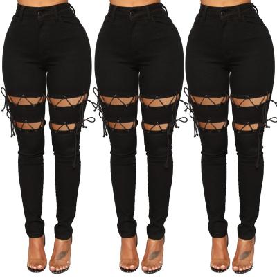 China 2022 New Arrival Black Stretch Casual Slim Fit Jeans QUICK DRY Women High Waist Ripped Bandage Jeans for sale