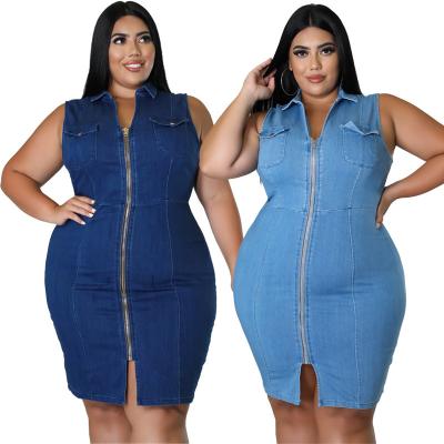 China High quality viable women summer sexy tight fitting deep v neckline sleeveless plus size denim dresses with zipper for sale