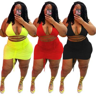 China 2022 Summer Popular Sexy V-Neck Solid Color Bikini Chest Wrap Crop Top OEM Viable Plus Size 2 Piece Skirt Set for sale