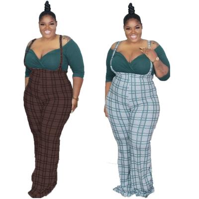 China Hot Selling Plus Size Women's Panties Long Printed Plaid Pants Bib Pants Plus Size Casual Suspenders Loosen Pants for sale