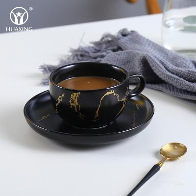 China Viable Nordic Style Matte Black Color With Modern Marble Coffee Cup And Saucer Design Ceramic Porcelain For Gift Set for sale