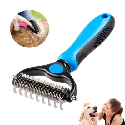 China Stocked Professional Extra Wide Pet Grooming Brush Tool Dogs Cats Double Sided Shedding And Dematting Undercoat Rake Comb for sale