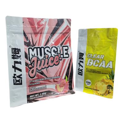 China Three Sides Moisture Proof Seal Stand Up Mylar Foil Bag Whey Protein Packaging Bags With Handle for sale