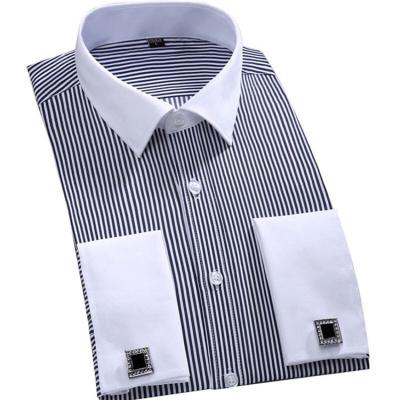 China 2021 Cuff Fashions Breathable French Formal Dress Long Sleeve Solid Color Striped Cufflinks Mens Shirts for sale