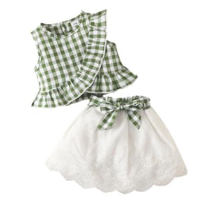 China Summer Baby Personality Plaid Casual Sleeveless Skirt Suit Female Children Throws Short Jacket Lace Skirt for sale