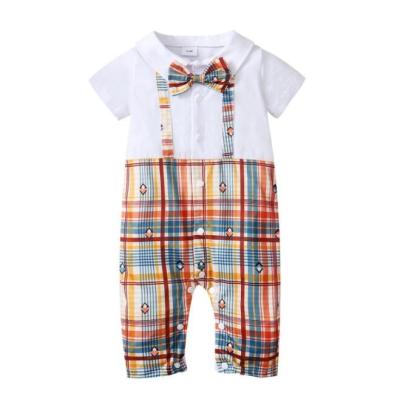 China Plaid Casual Harcoat Patchwork Overalls Harness Bow Mister Lapel Baby Short Sleeve Crawling Suit for sale