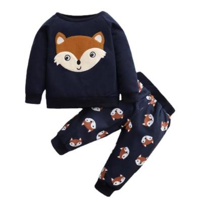 China European and American vintage children's clothing cartoon fox main animal main print long-sleeved top and pants baby suit for sale