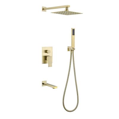 China Without Slide Bar Manufacturers sell 3-mode waterfall dark shower golden square shower set for sale