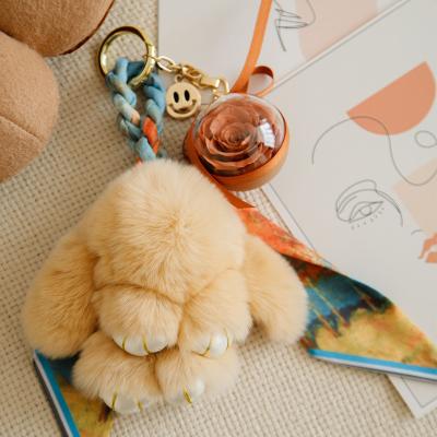 China Designs 2022 New Arrival Bunny Fur Key Ring Chains Acrylic Ball Little Flower Preserved Roses Key Chain for sale