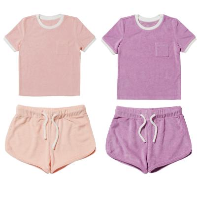 China Girls Cotton 2 Piece Short Sleeve O Neck T-shirt Assortment Sports Solid Color With Drawstring Shorts 2pcs Toddler Infant Clothing Set for sale