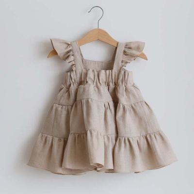 China Summer Breathable Babies Solid Color Ruffle Simple Design Birthday And Holiday Cotton Linen Dresses For Newborn Loungewear for sale