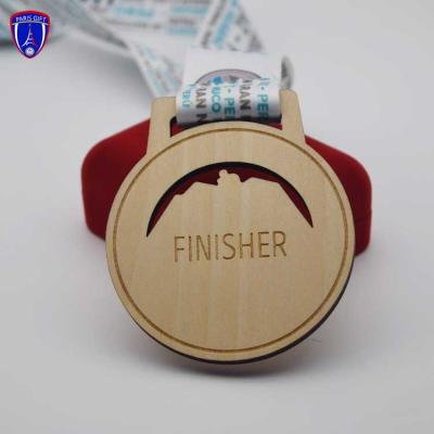 China Custom Europe Laser Logo Engrave Wooden Medal With Ribbon for sale