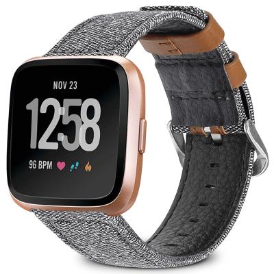 China Low MOQ Retro Fitbit Versa Watchband Quick Release Style Genuine Leather Canvas for Fitbit Versa for sale