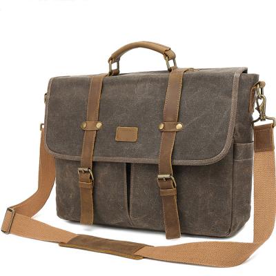 China Waterproof 15.6 Inch Vintage Waterproof Genuine Leather Waxed Canvas Men's Messenger Bag for sale