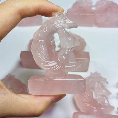 China China Wholesale Natural Stone Rose Quartz Crystal Carving Moon Tail Fox Nine for sale