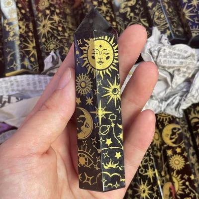 China China Wholesale Natural Obsidian Crystal Point Carving Seven Chakra Symbol Crystal Tower for sale