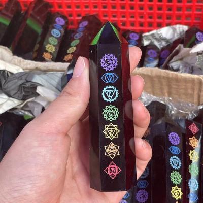 China China Obsidian Wand Quartz Tower Carved Seven Chakra Symbol Crystal Tower for sale