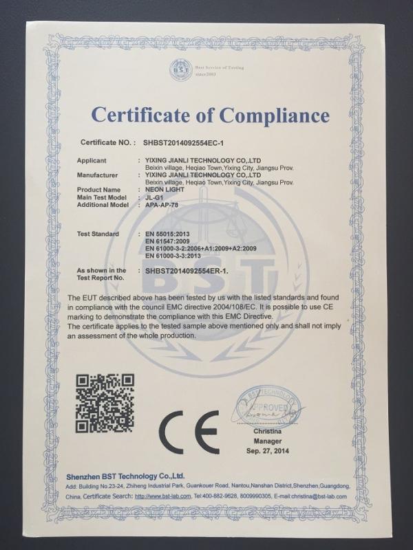 CE Certificate - YIXING JIANLI TECHNOLOGY  CO.,LTD.