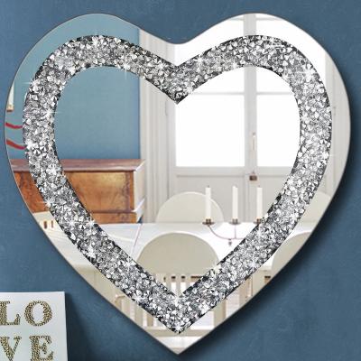 China CLASSIC Silver Acrylic Crystal Crush Diamond Heart Shaped Mirror Hang Frameless Wall Mirror For Wall Decoration for sale