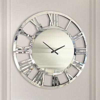 China LUMINOVA Battery Operated Silent Non Ticking Wall Clock Mirrored Clocks Silver Round Modern Wall Mounted Clocks For Home Decor for sale