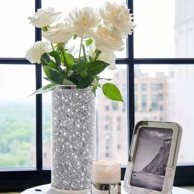 China Diamond Vase Crystal Silver Glass Transitional Luxurious Stunning Mirror Crush Mirror Decorative Flower Vase For Home Decor for sale