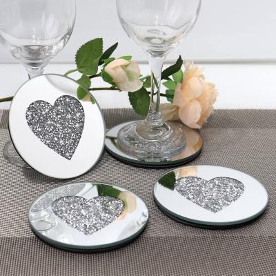 China Modern Round Cup Mat Decor Heart Shape Mirrored Rhinestone Glass Coasters For Restaurant Kitchen With Crushed Diamond 4X4 Inch for sale