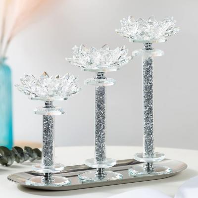 China Home Decoration Crystal Candle Holder Clear Silver Diamond Mirror Glass Lotus Candlestick Holders for Table Centerpieces and Table Decorations for sale