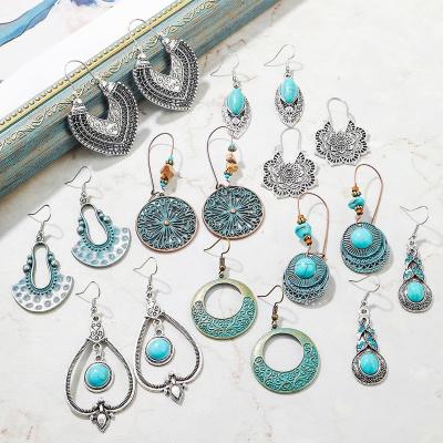 China Cute vintage style turquoise earring national ethnic border set of Amazon, European and American style earrings, Bohemian earrings for sale