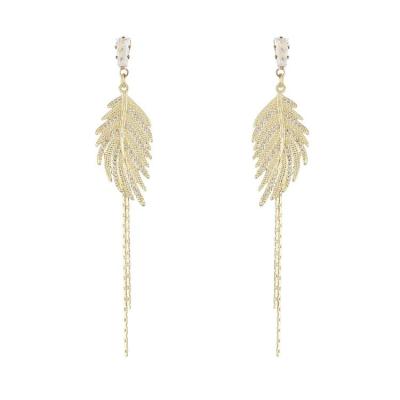 China New Fashionable Long Style Temperament Microinlaid Earrings With Zircon Feather Refined Earrings With Tassel Earrings for sale