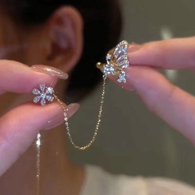 China Cute TikTok Butterfly Flower Ear Clip With Integrated Ear Line, Light Luxury Glitter Diamond Ear Jewelry With Exquisite Zircon Flow for sale