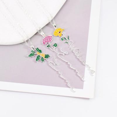 China Fashion Oil Colorful Birthday Flower Name Drop Necklace For Women Jewelry Personalized Stainless Steel English Letter Pendant for sale